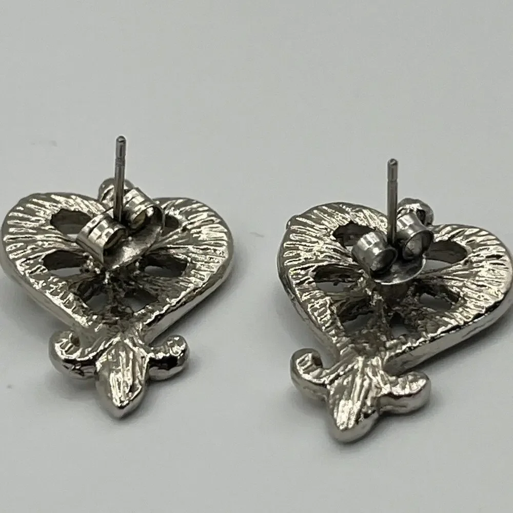 Silver Tone Ornate Filigree Scroll Heart Stud Earrings Regal Victorian Revival